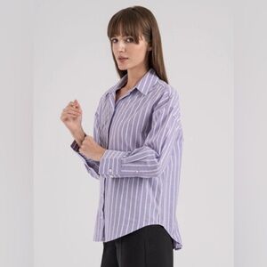 Zara - Purple Striped Collared Button Down Long Sleeve Blouse Size Small
